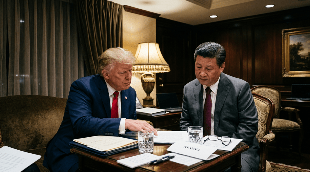 Two men in suits reviewing documents at a table in a formal office setting
